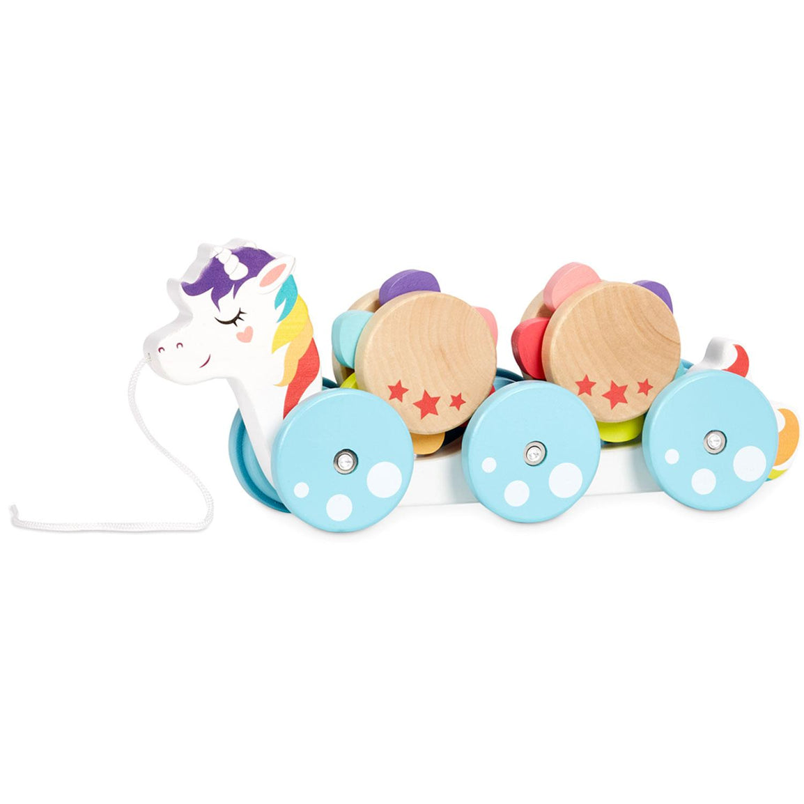 Wooden Critters Unicorn Pull Toy has six rolling wheels and two removable cargo pieces