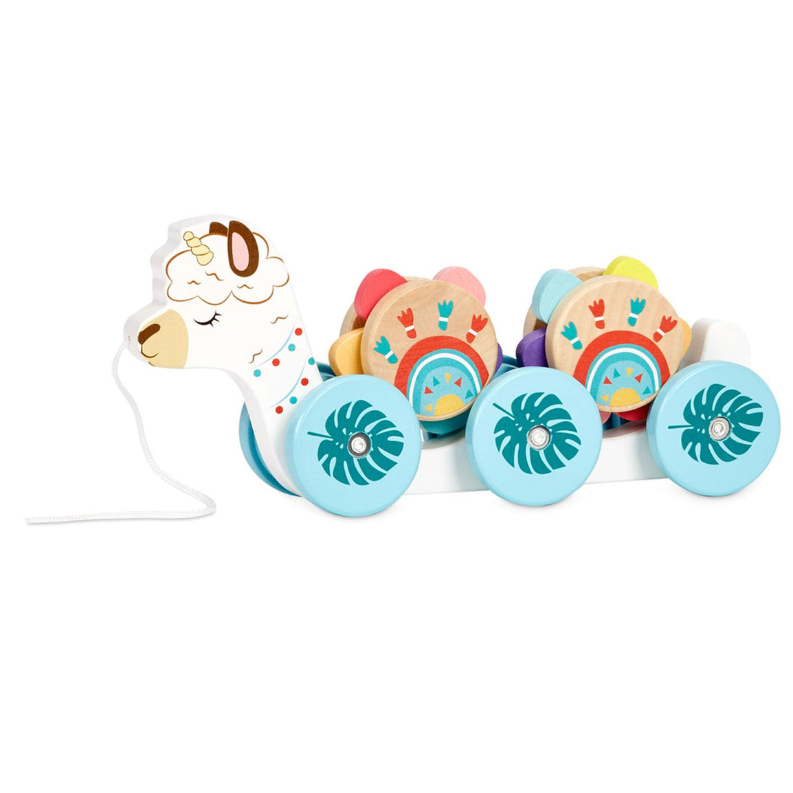 Wooden Critters Llama-Corn Pull Toy has six rolling wheels and two removable cargo pieces