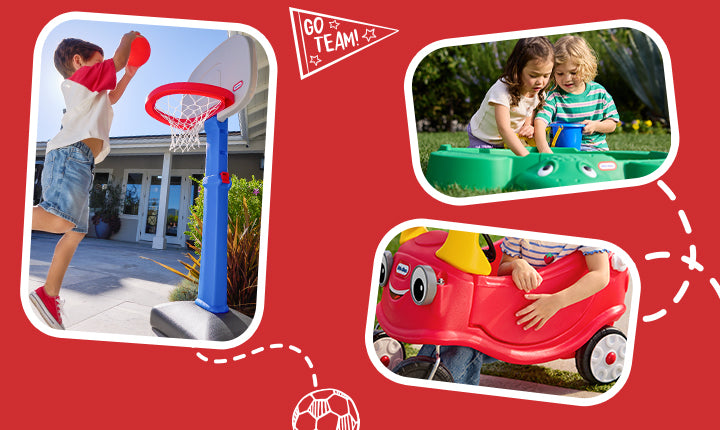 Children playing with a basketball hoop, playing in a green playset, and riding a red toy car on a red background.