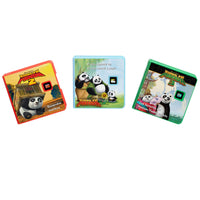 Tres libros con la temática de Kung Fu Panda sobre un fondo blanco.