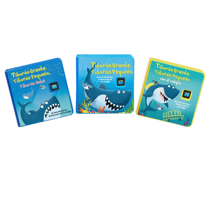 Tres libros sobre tiburones sobre un fondo blanco.