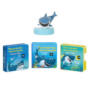 Conjunto de tres libros con una figura de tiburón sobre un fondo blanco.