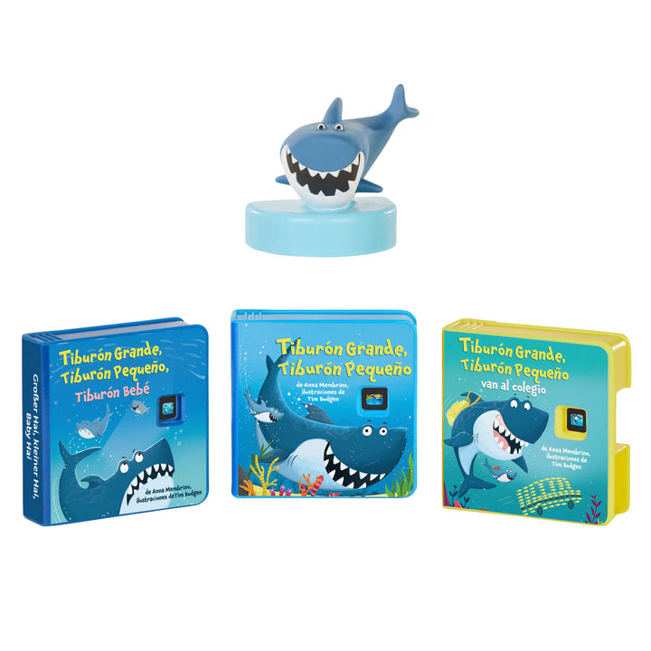 Conjunto de tres libros con una figura de tiburón sobre un fondo blanco.