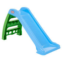 Blue plastic slide with green base on a white background