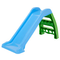 Blue plastic slide with green base on a white background