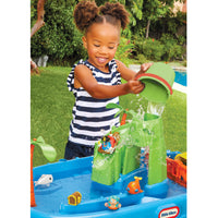 Child playing with a water play set in an outdoor setting