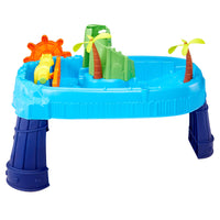 Children's play water table with colorful toy elements on a white background