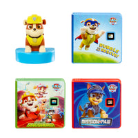 Paw Patrol Rubble and three books on a white background