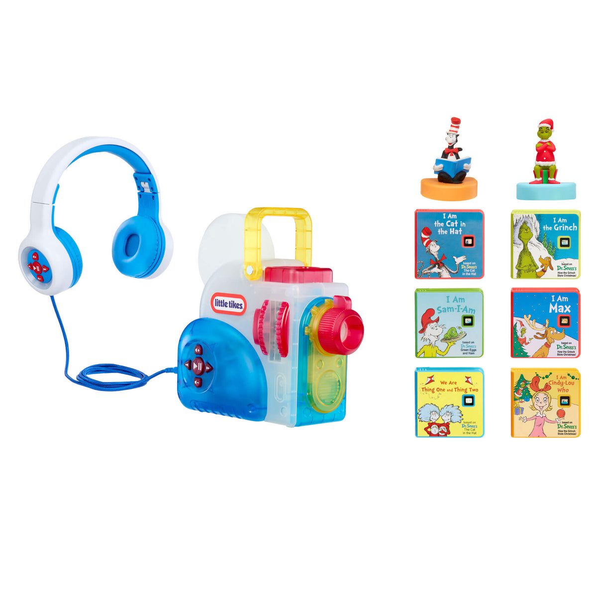 Toy projector with head phones, six Dr. Seuss books and  two character on a white background