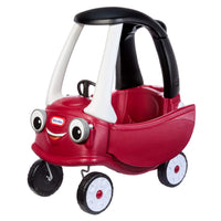 Drivers door partial open, coupe has big eyes and mouth with a smile on the front. Little Tikes logo above the mouth
