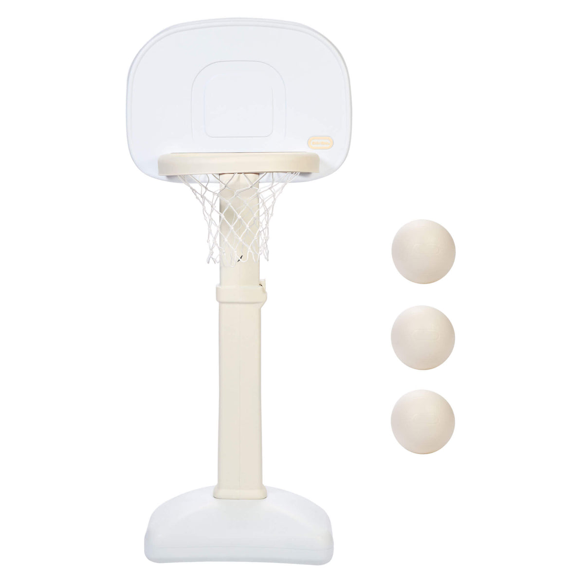 Basketball set with white base and rim, the hoop and pole are beige with three beige , small balls