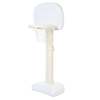 Sideview of white and beige basketball set with Little Tikes logo on backboard on a white background