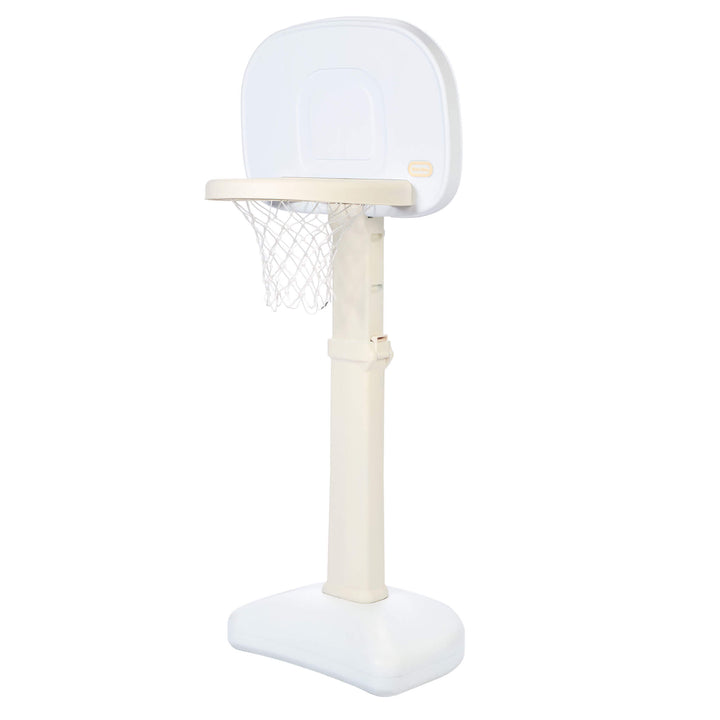 Sideview of white and beige basketball set with Little Tikes logo on backboard on a white background