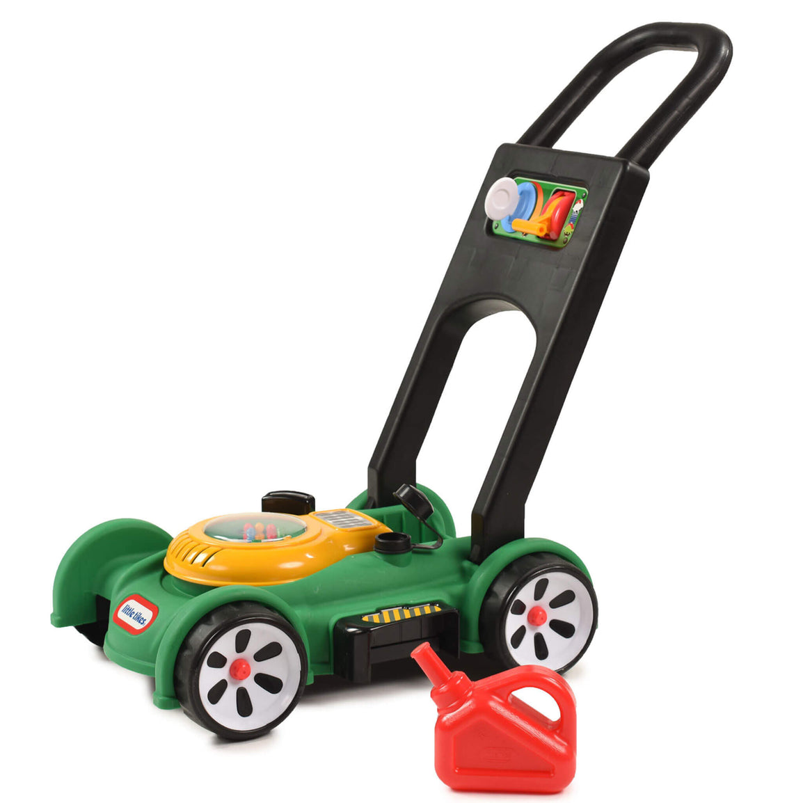 Green toy lawn mower with gas can