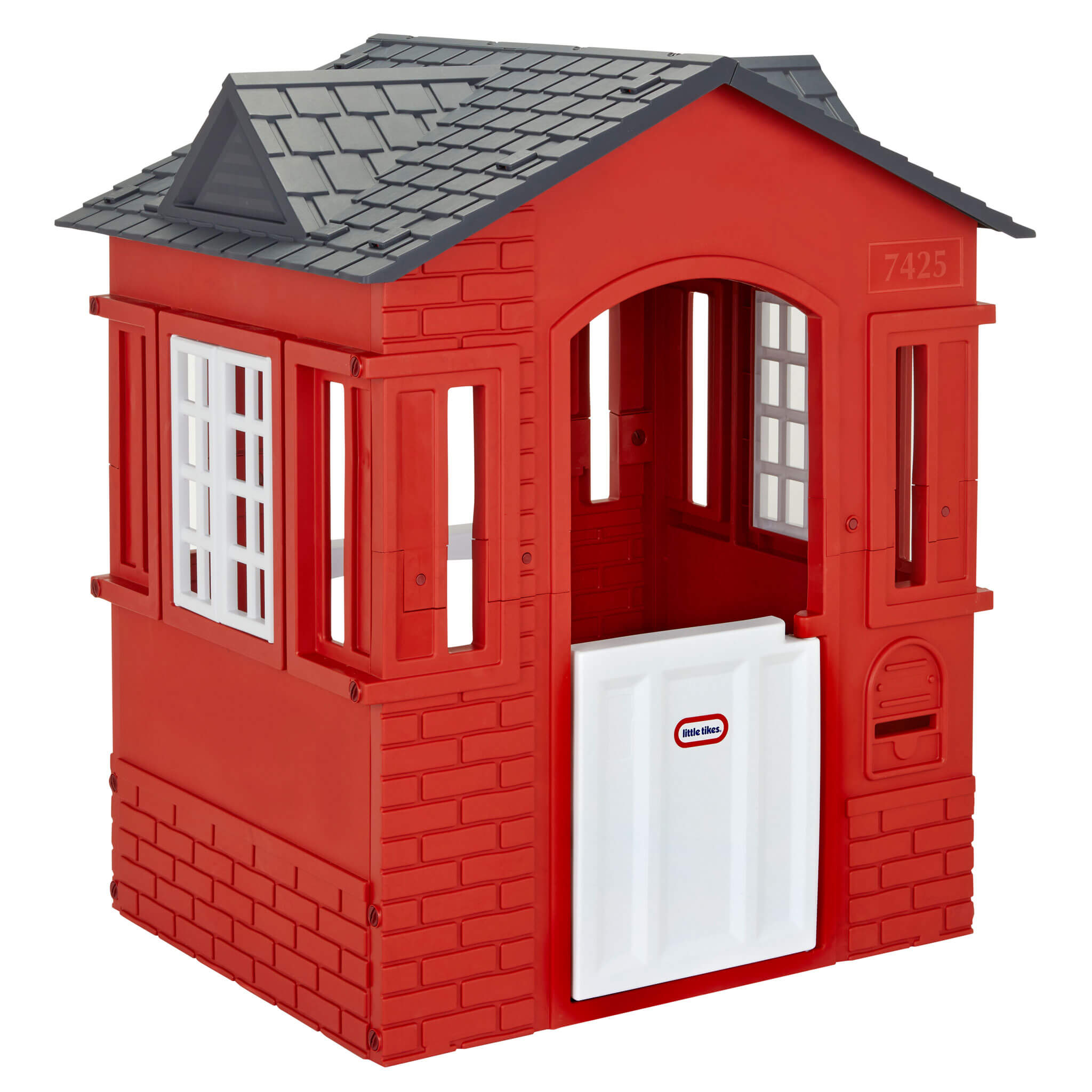 Little Tikes red playhouse, featuring a dark gray shingled roof, white door, and white window frames, shown on a solid white background.