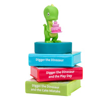 Toy dinosaur with stories titled 'Digger the Dinosaur', 'Digger the Dinosaur and the Play Day', and 'Digger the Dinosaur and the Cake Mistake