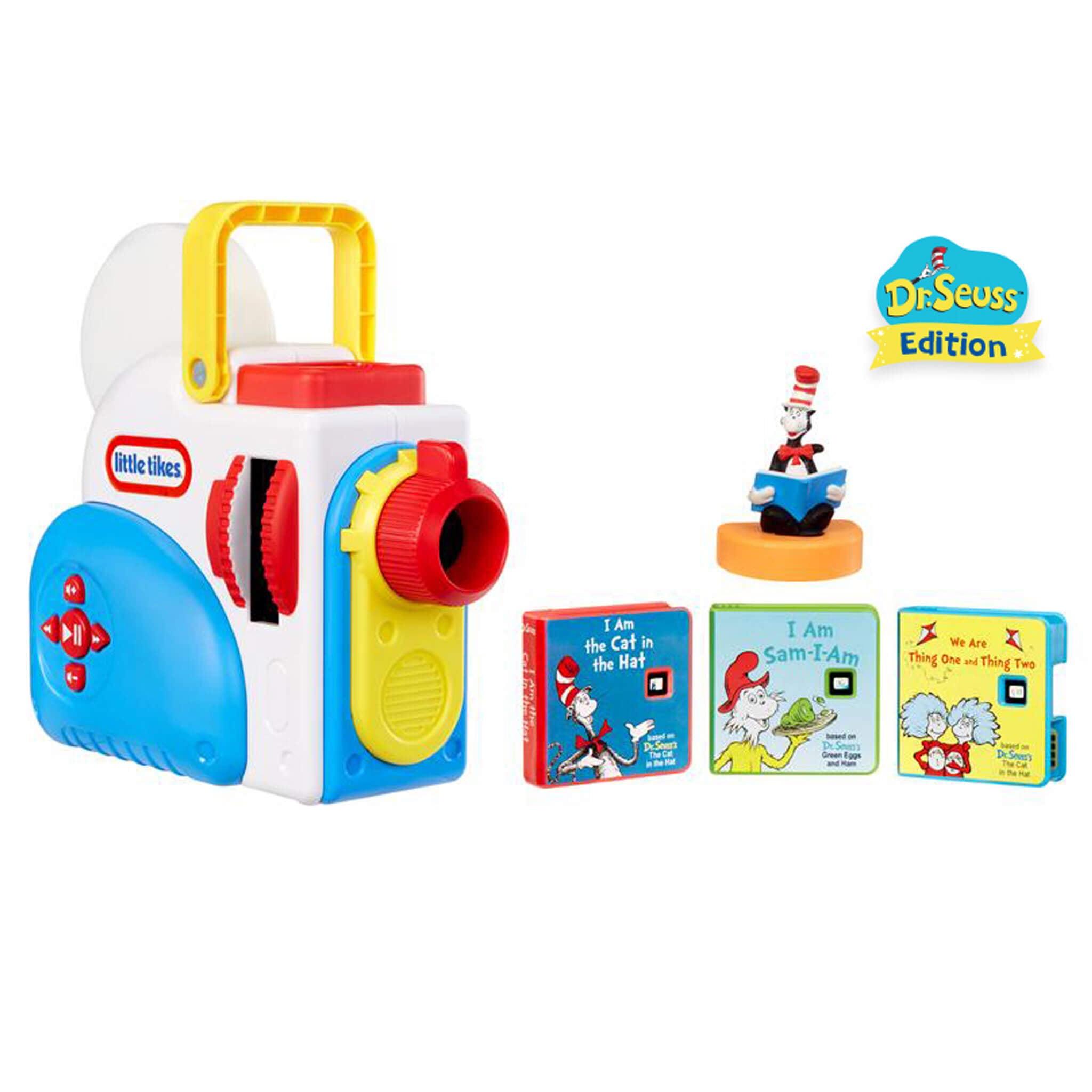 Dr. Seuss books and character on a white background