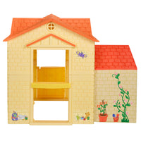 Children's toy house roof and yellow walls on a white background