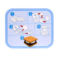 Step-by-step diagram of making a s'mores dessert with marshmallows and graham crackers.