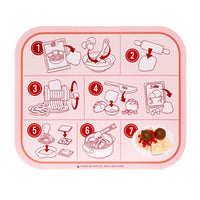 Illustrated cooking process on a pink tray with step-by-step icons.