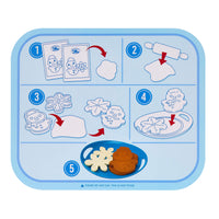 Instructions for making snowmen using a blue tray with illustrations and text.