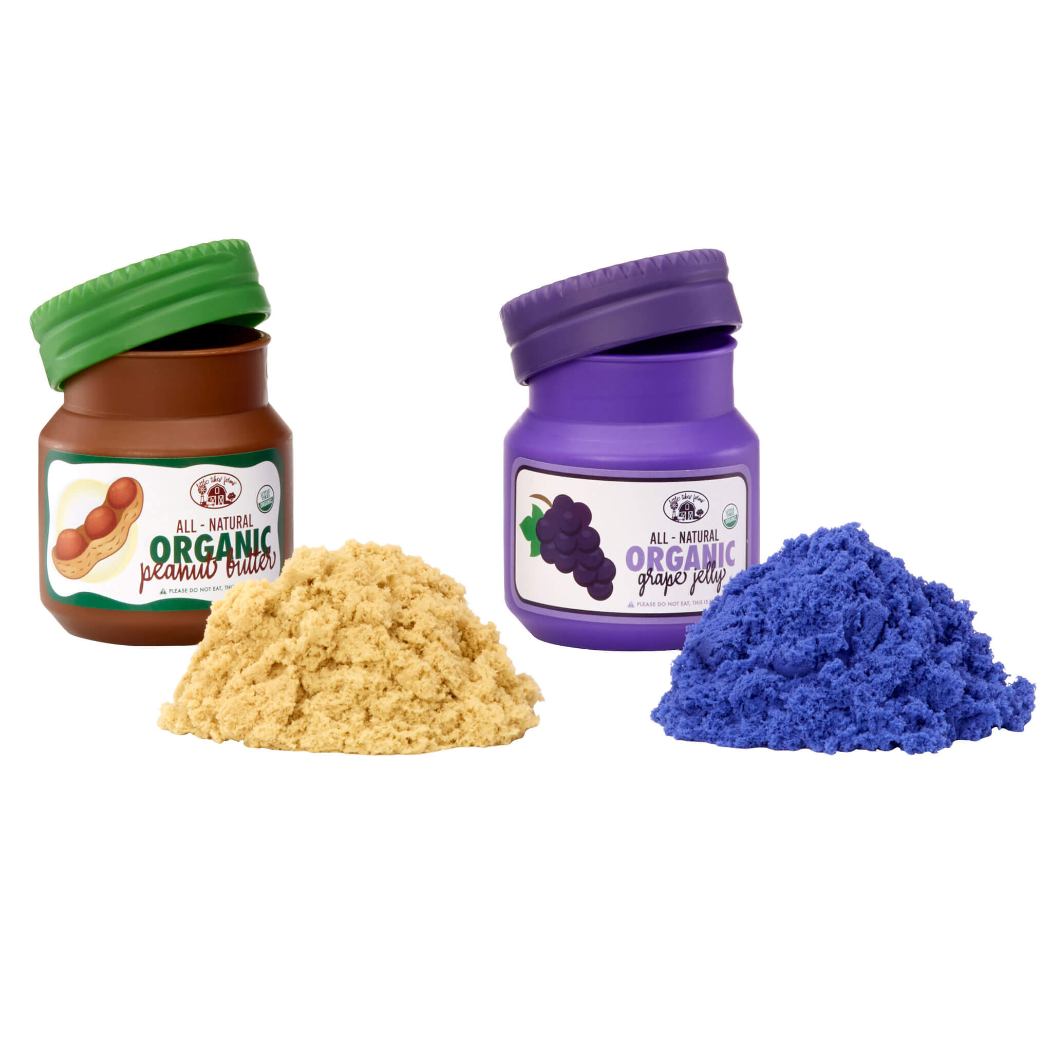 Two jars of organic peanut butter and grape jelly with their respective powders on a white background