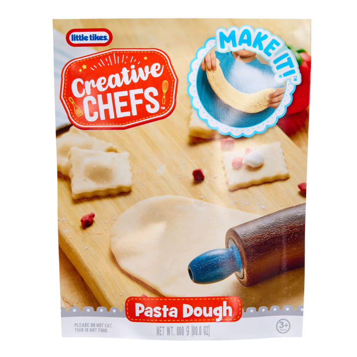 Little Tikes Creative Chefs Pasta Dough packaging with dough, tools, and branding on a white background.