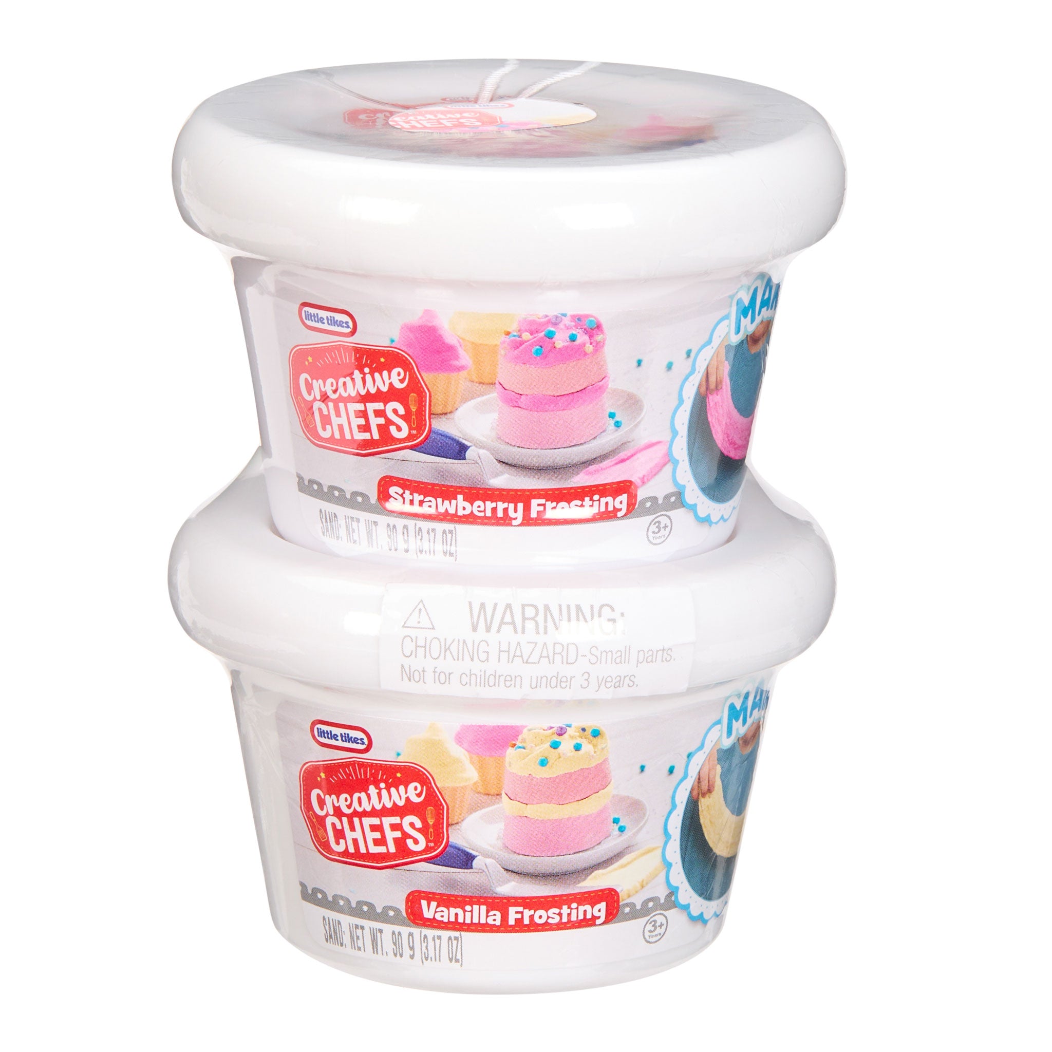 Two containers of Creative Chefs frosting on a white background