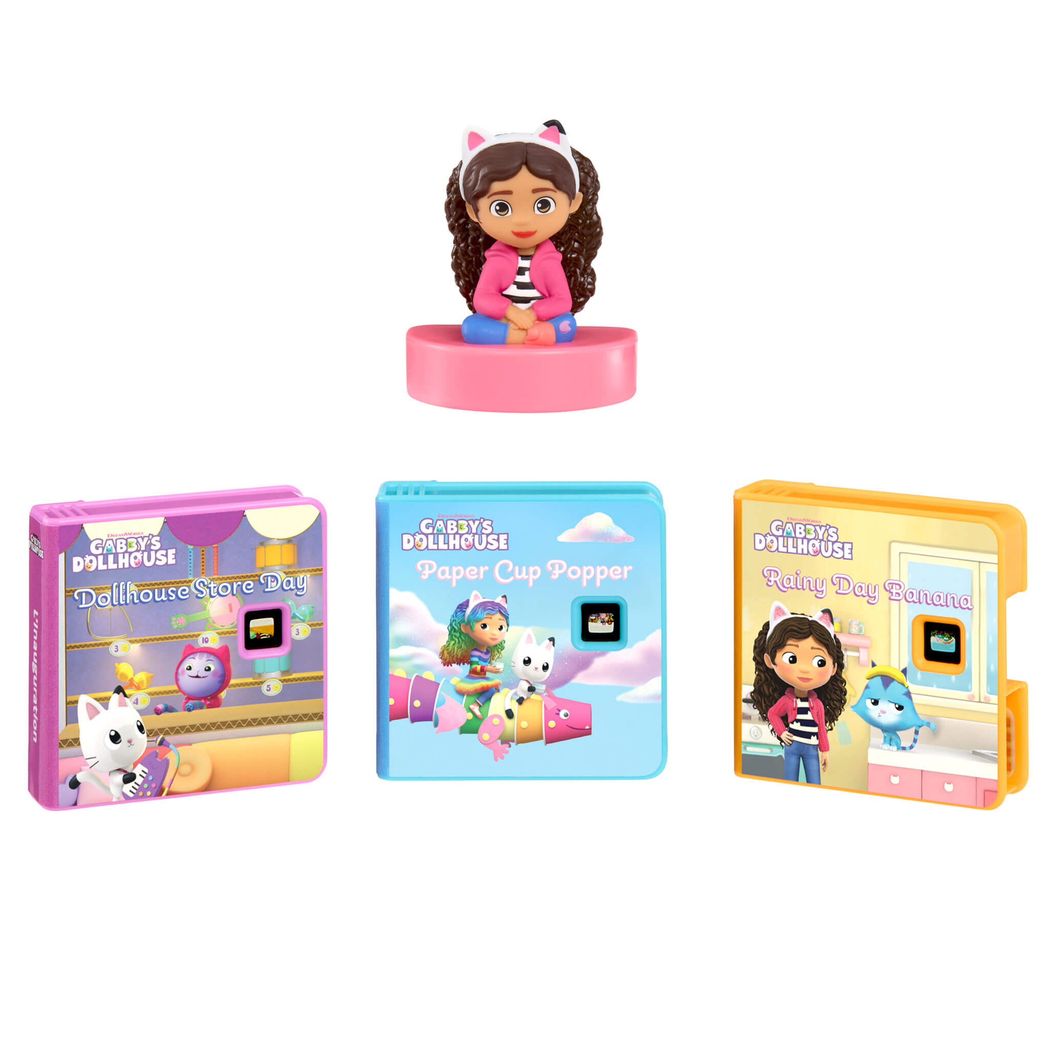 Gabby's Dollhouse three stories and character on a white background.