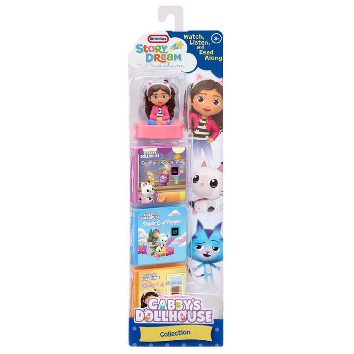 Packaged toy set with characters and books from Gabby's Dollhouse on a white background