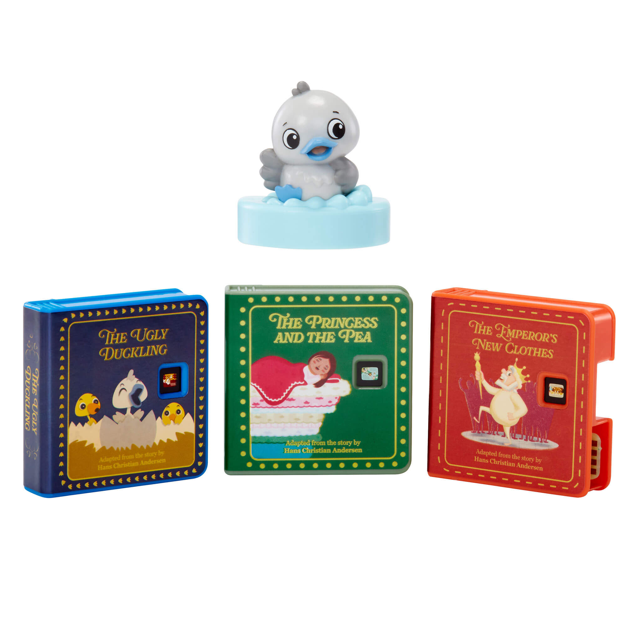 Figure of a duckling on a cloud with three books below on a white background