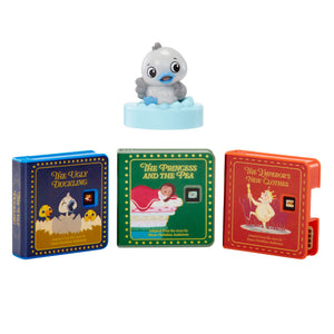 Figure of a duckling on a cloud with three books below on a white background