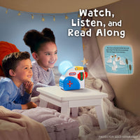 Children sitting on a couch with a toy projector and book, surrounded by cozy blankets and lights.