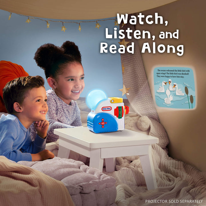 Children sitting on a couch with a toy projector and book, surrounded by cozy blankets and lights.