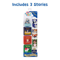 Packaged toy set with books and characters on a white background
