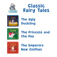 Three classic fairy tale books with illustrations and titles on a white background.