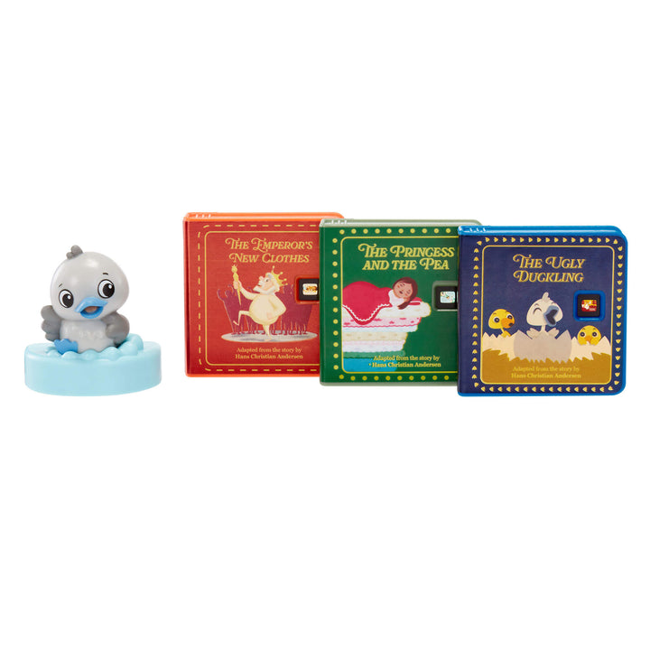 Toy figure of a duckling on a small ice block with three animated book covers in the background.