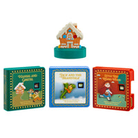 Three miniature books with colorful house on a white background
