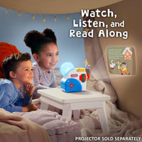 Children sitting on a bed with a toy projector and book, surrounded by cozy bedding and lights.