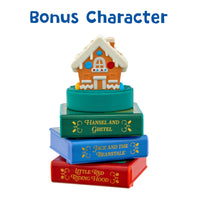 Stack of books with a gingerbread house on top, titled 'Hansel and Gretel', 'Jack and the Beanstalk', and 'Little Red Riding Hood'.