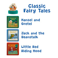 Collection of fairy tale books with colorful covers on a white background