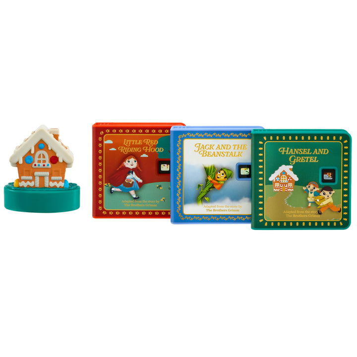 Set of fairy tale books with corresponding miniature house on a white background