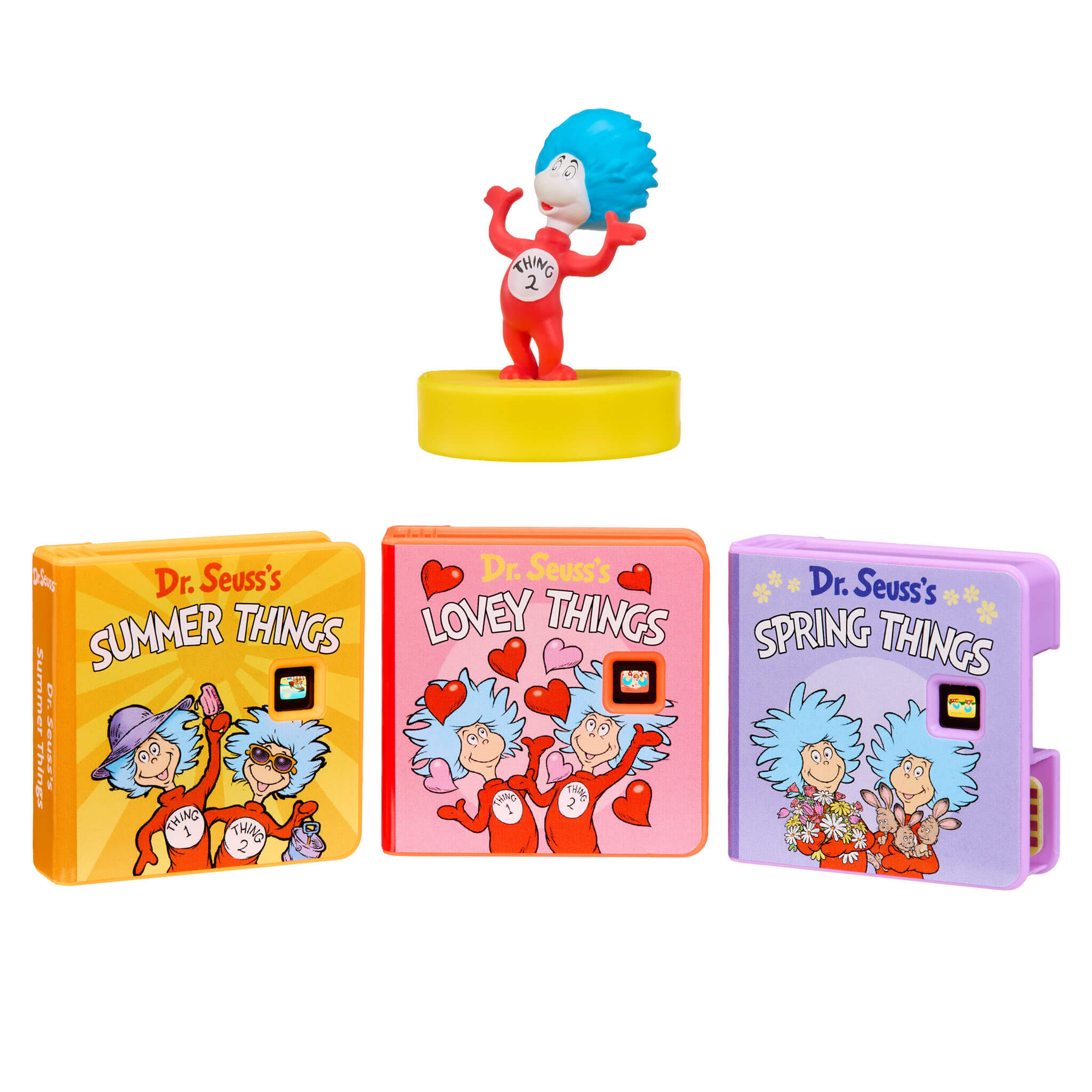 Dr. Seuss-Thing one and two themed books with a figurine on a white background