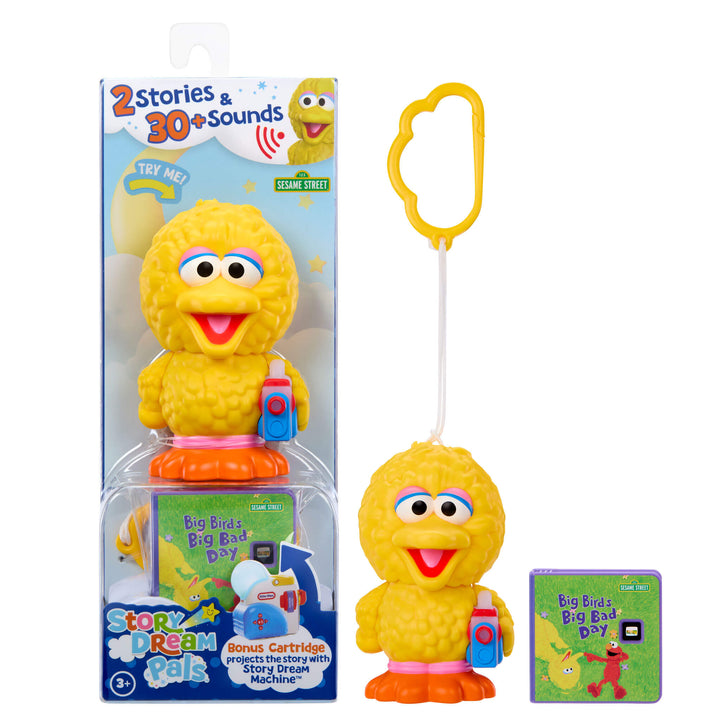 Big Bird toy character with a book  next to its packaging on a white background