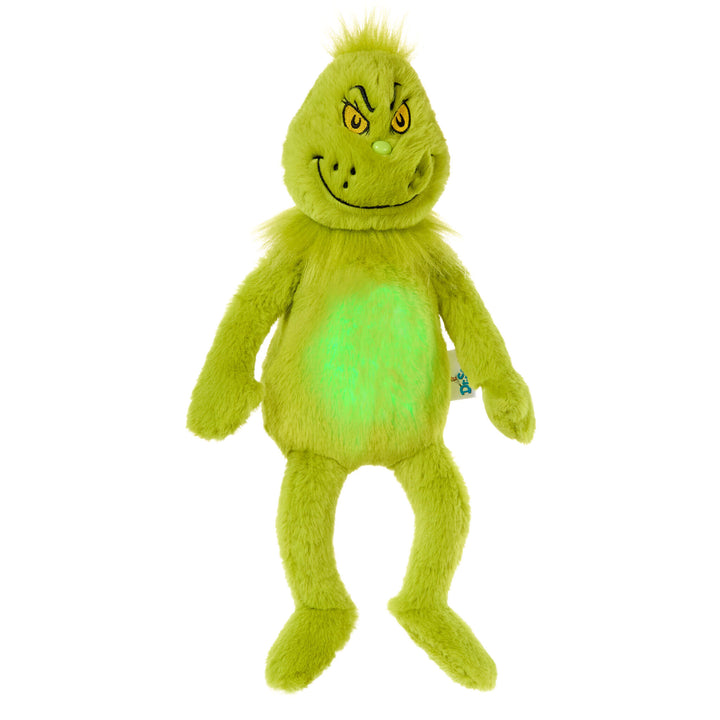 Green plush toy with glowing belly on a white background