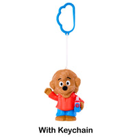 Toy figure of a character with a blue keychain on a white background