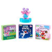 Toy figure with books titled 'Abby's Garden Sounds', 'Outer Space!', and 'Abby Wonderland' on a white background.