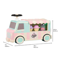 A pastel pink and mint green toy ice cream truck with dimension labels showing its width, length, and height on a white background.