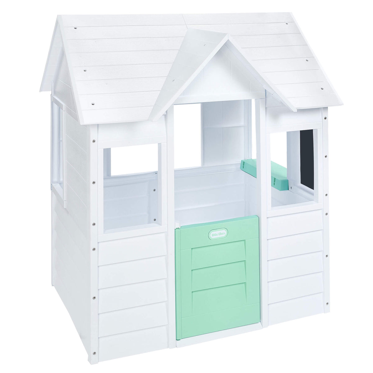 White playhouse with seafoam green door, seafoam green ledge on the right window and a chalkboard on a white background.