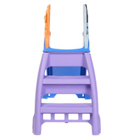 Back side of slide, showing purple steps on a white background.